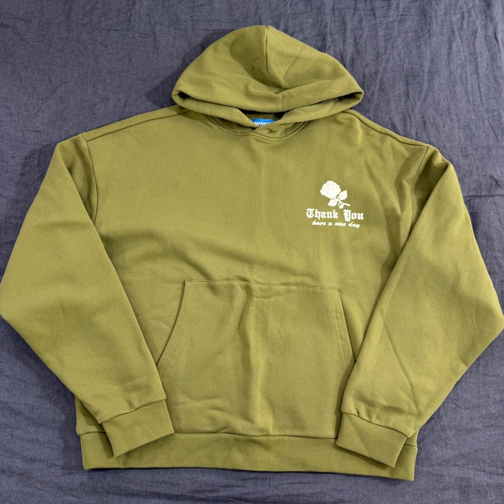 Market Hoodie XL Khaki Green Thank You Rose Pixel Graphic Streetwear NWT